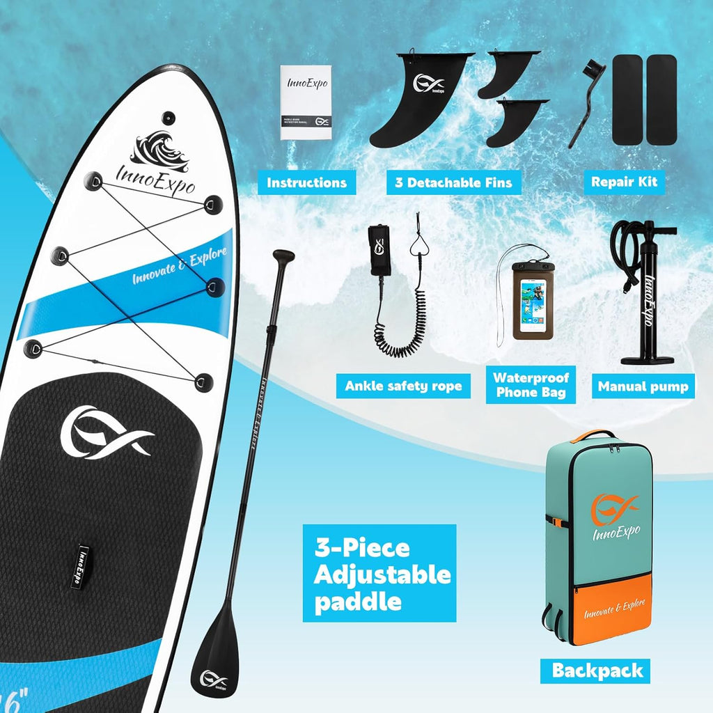 InnoExpo Inflatable Stand Up Paddle Boards with Premium Accessories, Wide Stable SUP Paddle Board Design, Non-Slip Comfort Deck for Youth & Adults