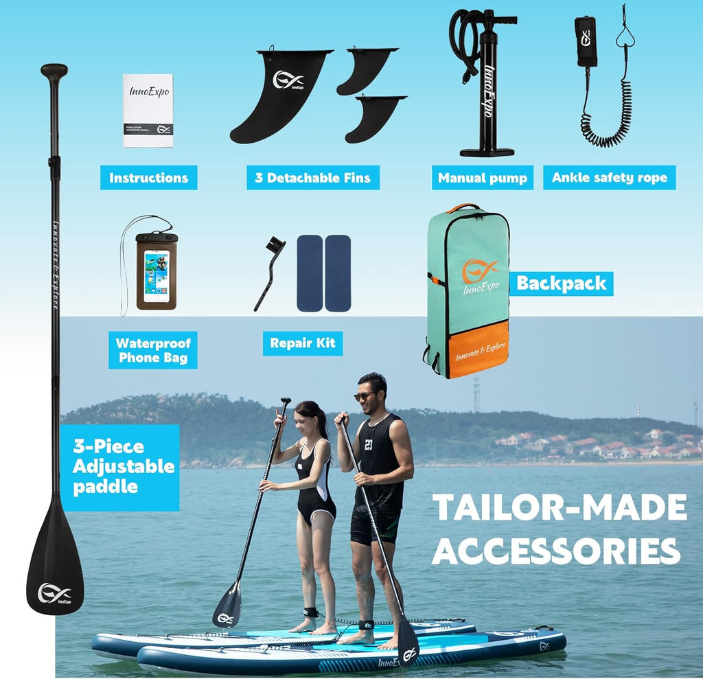 InnoExpo Inflatable Stand Up Paddle Boards with Premium Accessories, Wide Stable SUP Paddle Board Design, Non-Slip Comfort Deck for Youth & Adults
