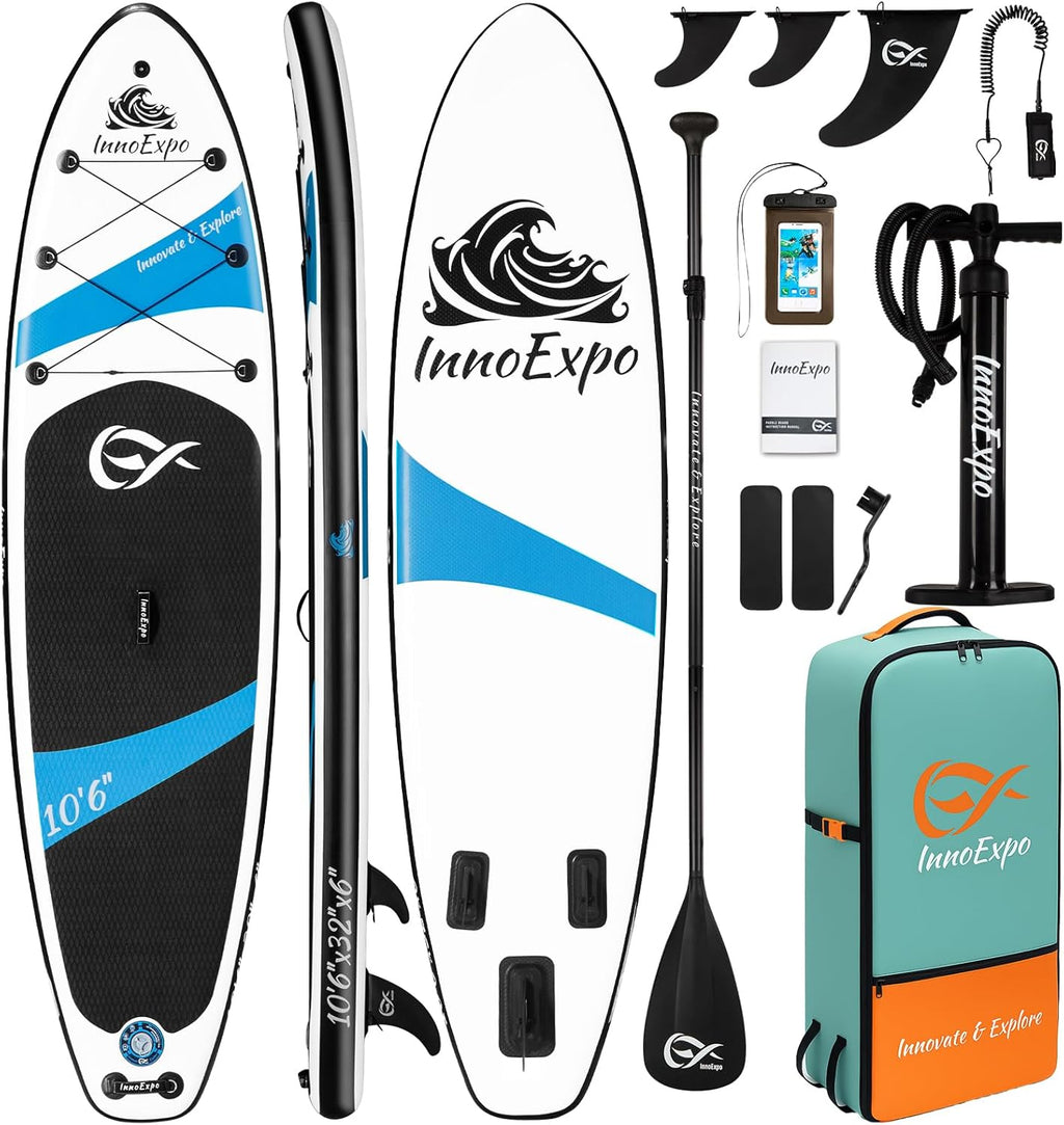 InnoExpo Inflatable Stand Up Paddle Boards with Premium Accessories, Wide Stable SUP Paddle Board Design, Non-Slip Comfort Deck for Youth & Adults