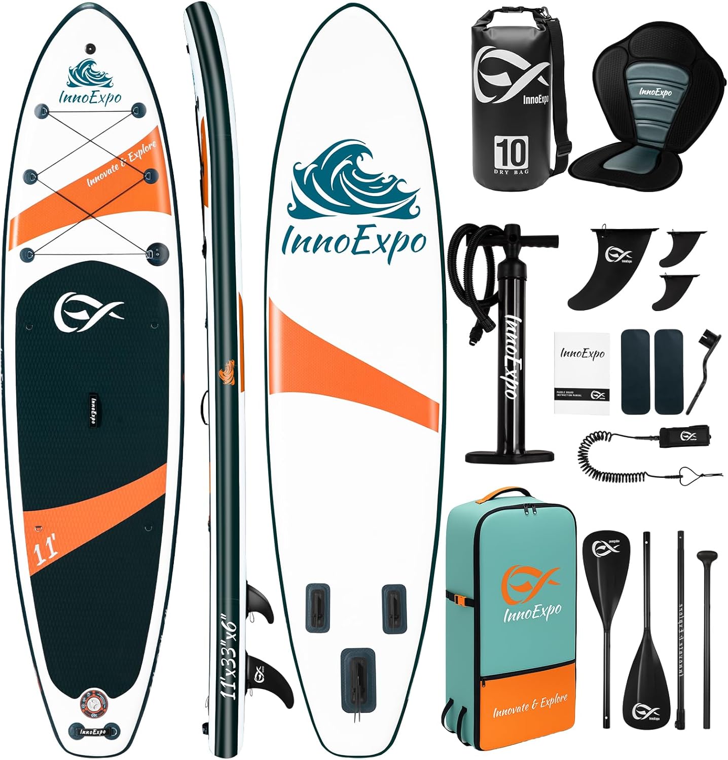 InnoExpo Inflatable Stand Up Paddle Boards with Premium Accessories, Wide Stable SUP Paddle Board Design, Non-Slip Comfort Deck for Youth & Adults