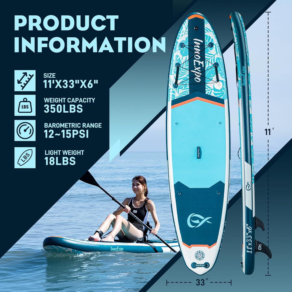 InnoExpo 11' Inflatable Stand Up Paddle Boards with Premium Accessories, Wide Stable SUP Paddle Board Design, Non-Slip Comfort Deck for Youth & Adults