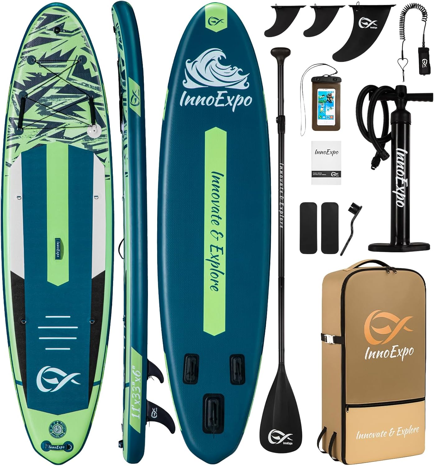 InnoExpo 11' Inflatable Stand Up Paddle Boards with Premium Accessories, Wide Stable SUP Paddle Board Design, Non-Slip Comfort Deck for Youth & Adults