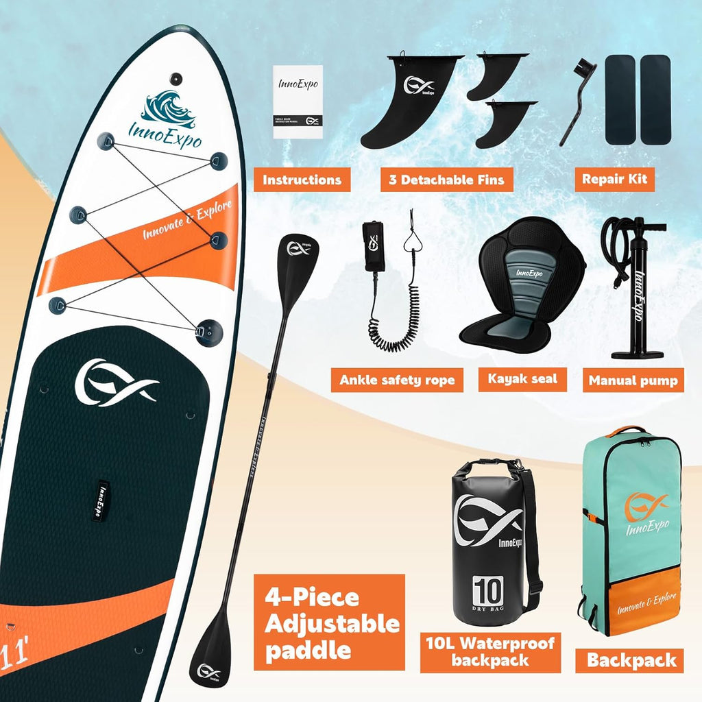 InnoExpo Inflatable Stand Up Paddle Boards with Premium Accessories, Wide Stable SUP Paddle Board Design, Non-Slip Comfort Deck for Youth & Adults
