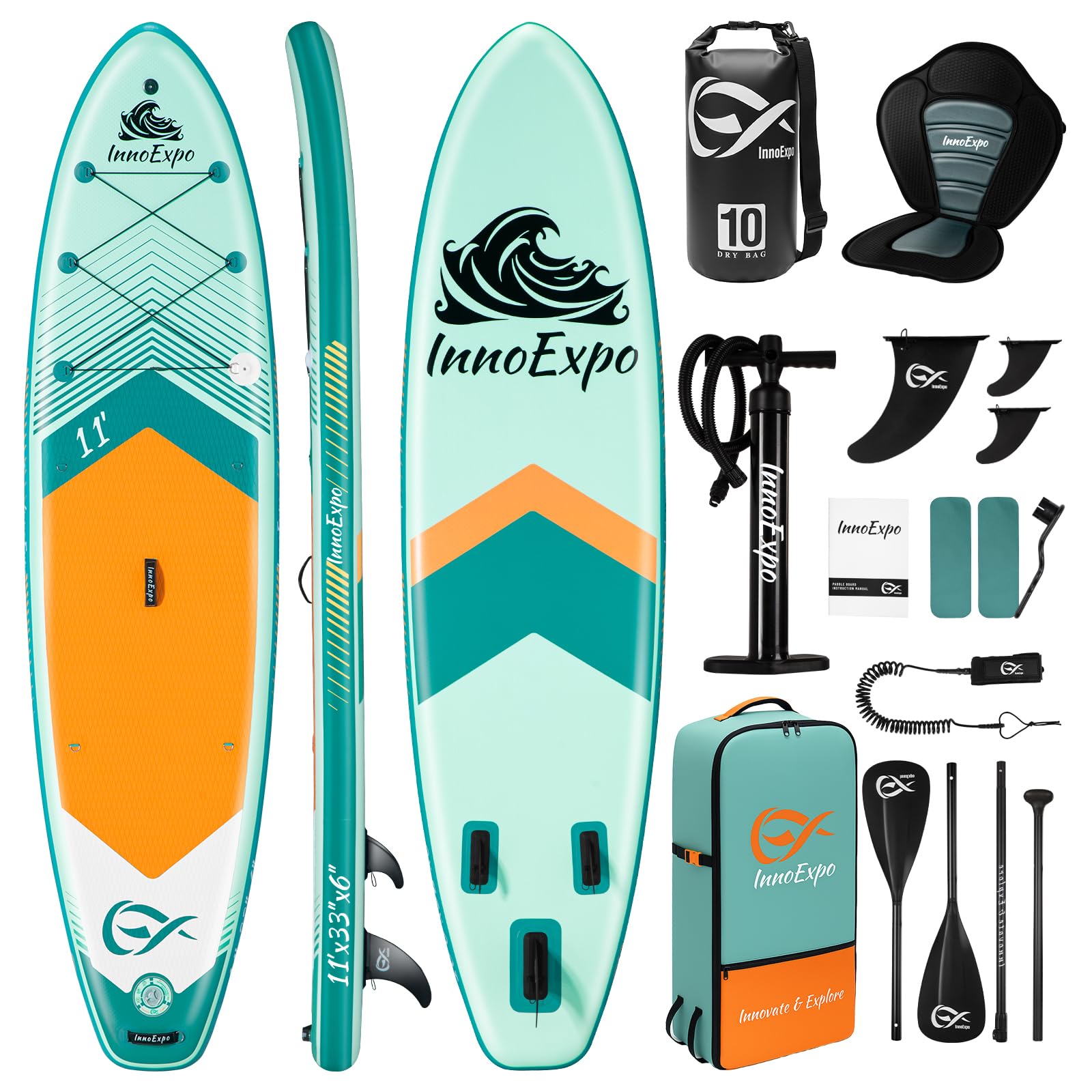 InnoExpo Inflatable Stand Up Paddle Boards with Premium Accessories, Wide Stable SUP Paddle Board Design, Non-Slip Comfort Deck for Youth & Adults