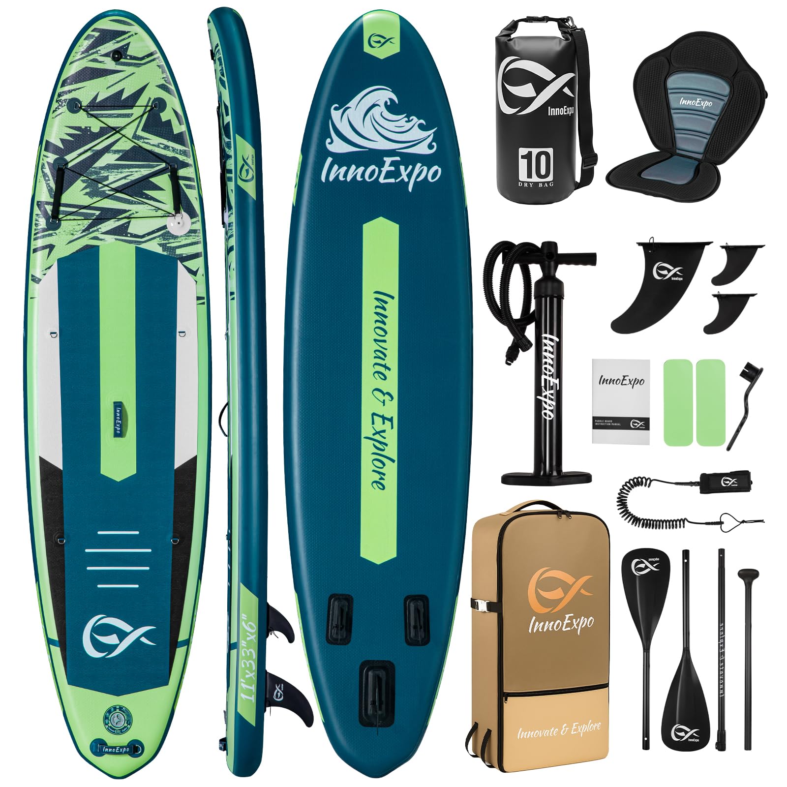 InnoExpo 11' Inflatable Stand Up Paddle Boards with Premium Accessories, Wide Stable SUP Paddle Board Design, Non-Slip Comfort Deck for Youth & Adults