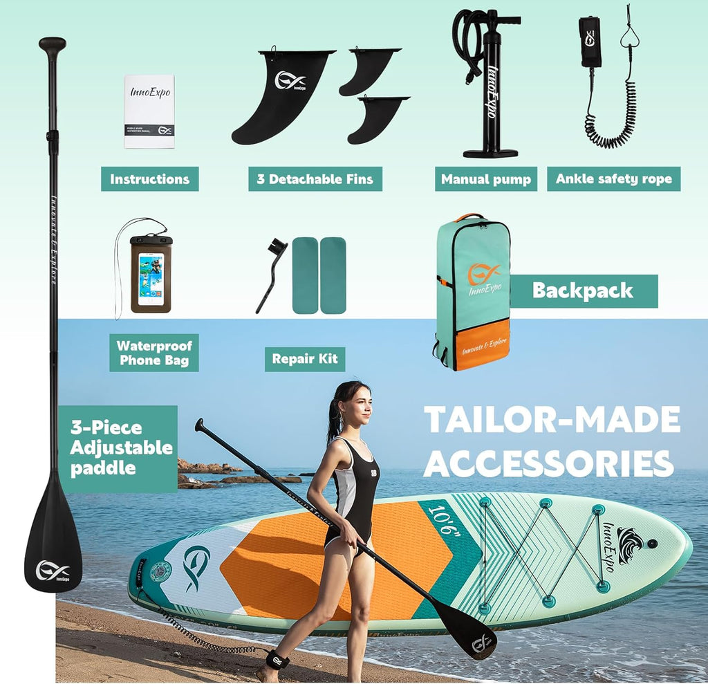InnoExpo Inflatable Stand Up Paddle Boards with Premium Accessories, Wide Stable SUP Paddle Board Design, Non-Slip Comfort Deck for Youth & Adults