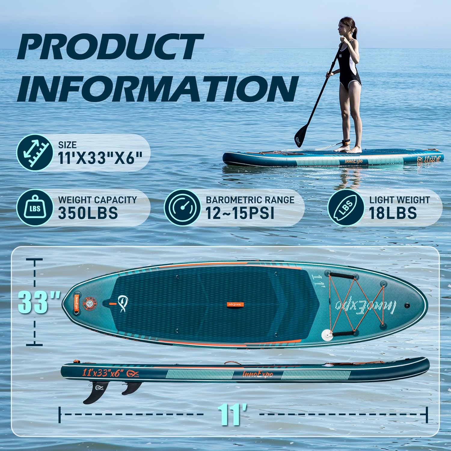 InnoExpo 11' Inflatable Stand Up Paddle Boards with Premium Accessories, Wide Stable SUP Paddle Board Design, Non-Slip Comfort Deck for Youth & Adults