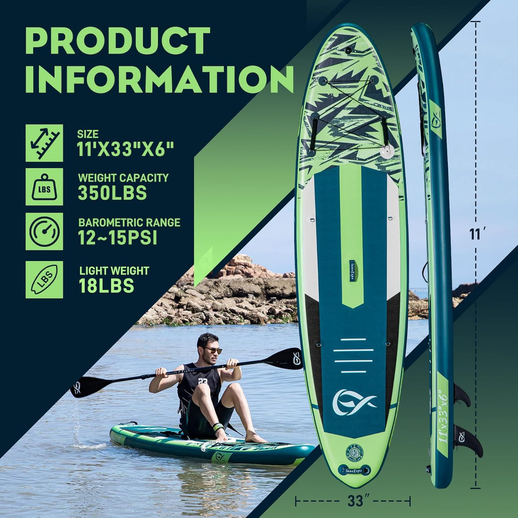InnoExpo 11' Inflatable Stand Up Paddle Boards with Premium Accessories, Wide Stable SUP Paddle Board Design, Non-Slip Comfort Deck for Youth & Adults