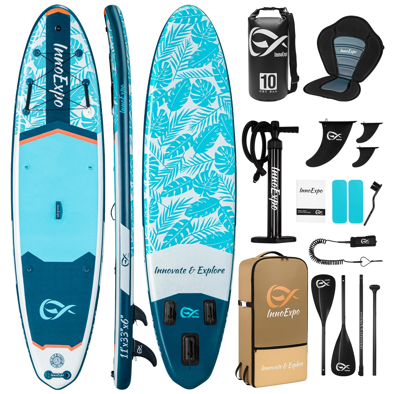 InnoExpo 11' Inflatable Stand Up Paddle Boards with Premium Accessories, Wide Stable SUP Paddle Board Design, Non-Slip Comfort Deck for Youth & Adults