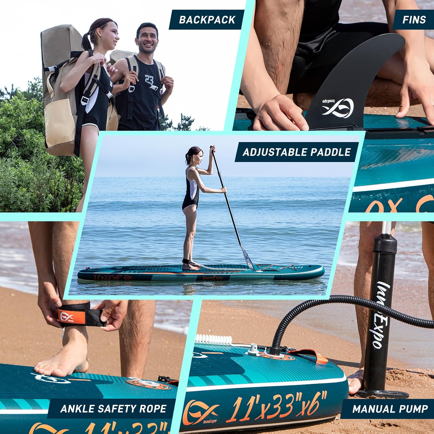 InnoExpo 11' Inflatable Stand Up Paddle Boards with Premium Accessories, Wide Stable SUP Paddle Board Design, Non-Slip Comfort Deck for Youth & Adults