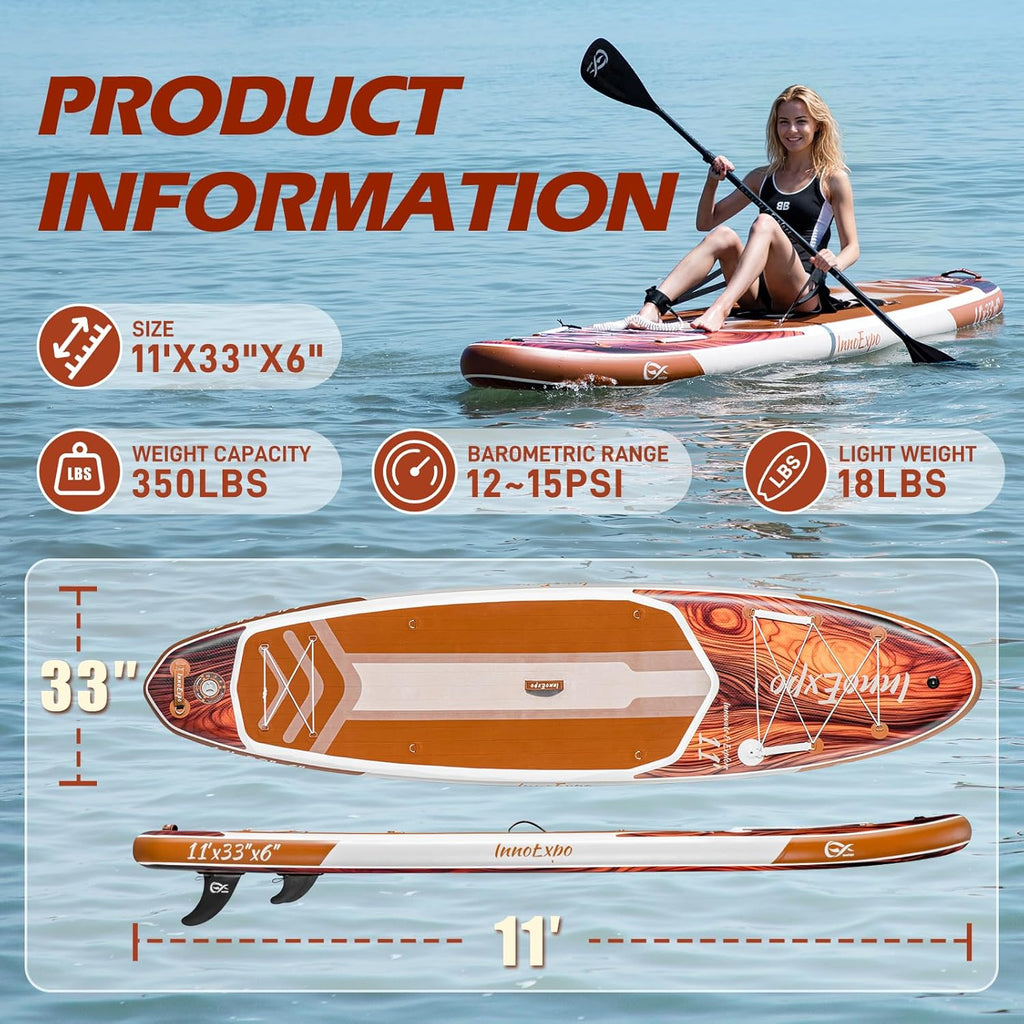 InnoExpo 11' Inflatable Stand Up Paddle Boards with Premium Accessories, Wide Stable SUP Paddle Board Design, Non-Slip Comfort Deck for Youth & Adults